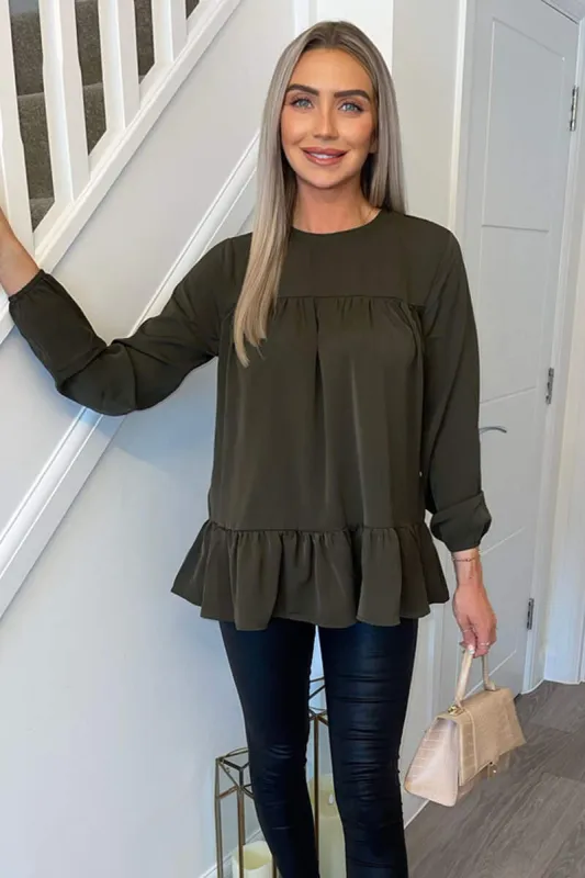 Olive Long Sleeve Round Neck Smock Top sold by AX Paris