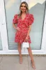 Red Floral Puff Sleeve Wrap Over Mini Dress sold by AX Paris