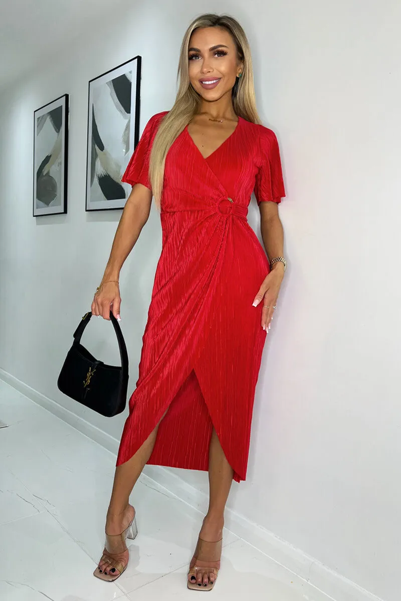 Red Short Sleeve Plisse Wrap Midi Dress sold by AX Paris product image thumbnail 2