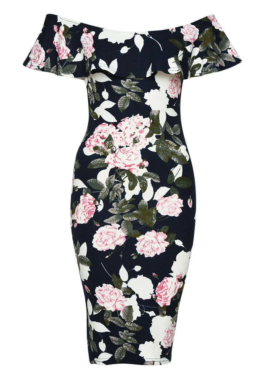 Navy Printed Floral Bardot Midi Dress sold by AX Paris product image thumbnail 4