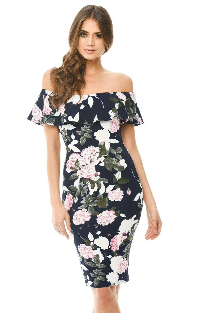 Navy Printed Floral Bardot Midi Dress sold by AX Paris