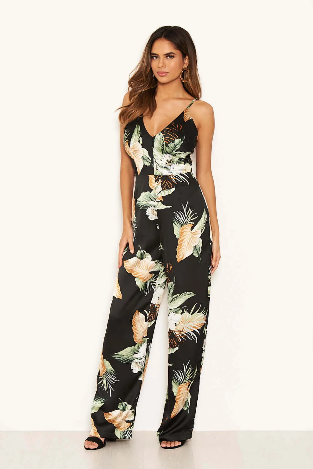Black Floral V-Neck Strappy Satin Jumpsuit sold by AX Paris product image thumbnail 4