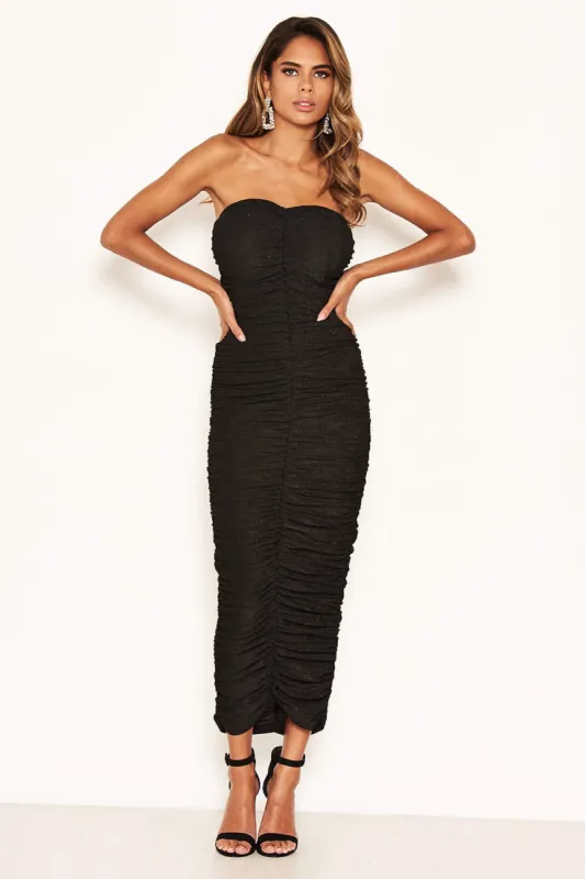 Black Strapless Ruched Sparkle Dress sold by AX Paris