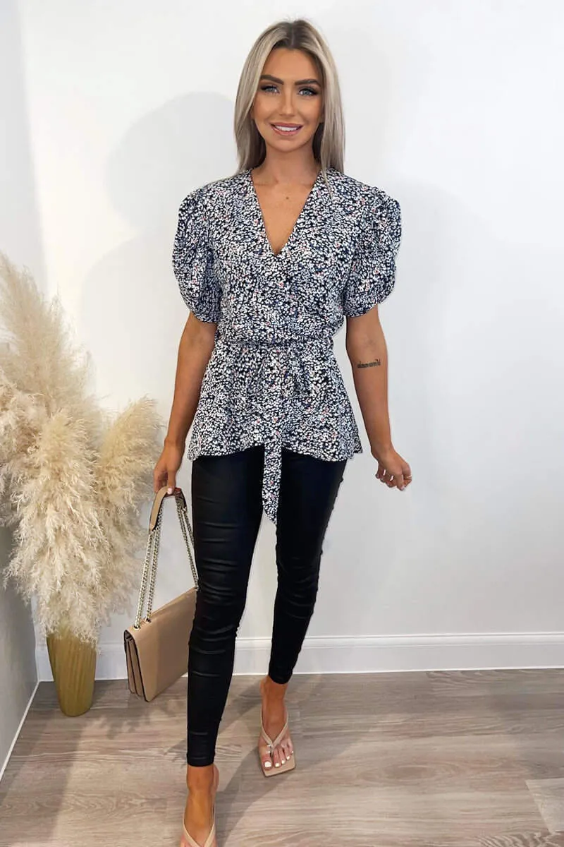 Blue Floral Printed Wrap Over Top sold by AX Paris product image thumbnail 3