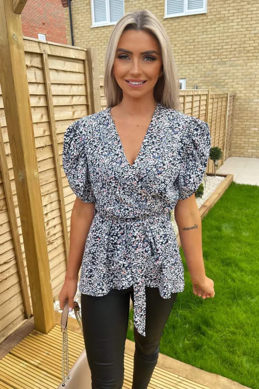 Blue Floral Printed Wrap Over Top sold by AX Paris