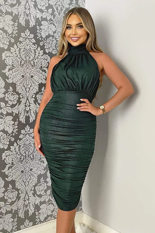 Teal Shimmer High Neck Ruched Bodycon Midi Dress sold by AX Paris