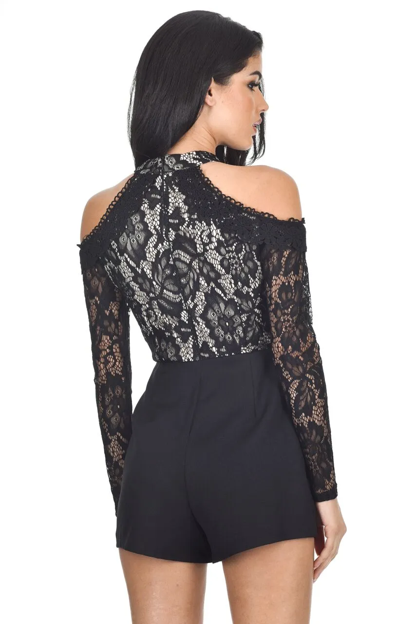 Black Lace Cold Shoulder Playsuit sold by AX Paris product image thumbnail 3