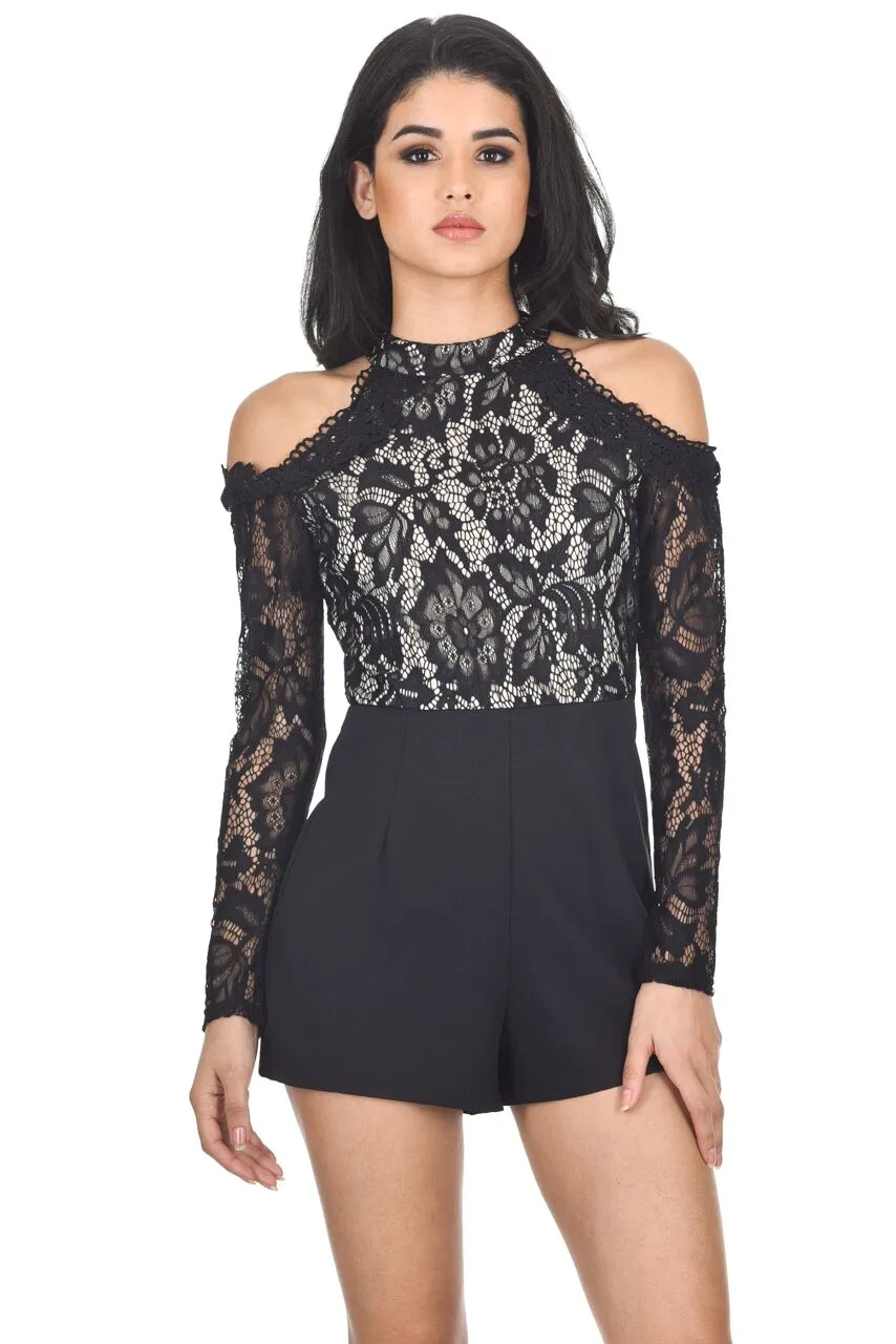 Black Lace Cold Shoulder Playsuit sold by AX Paris