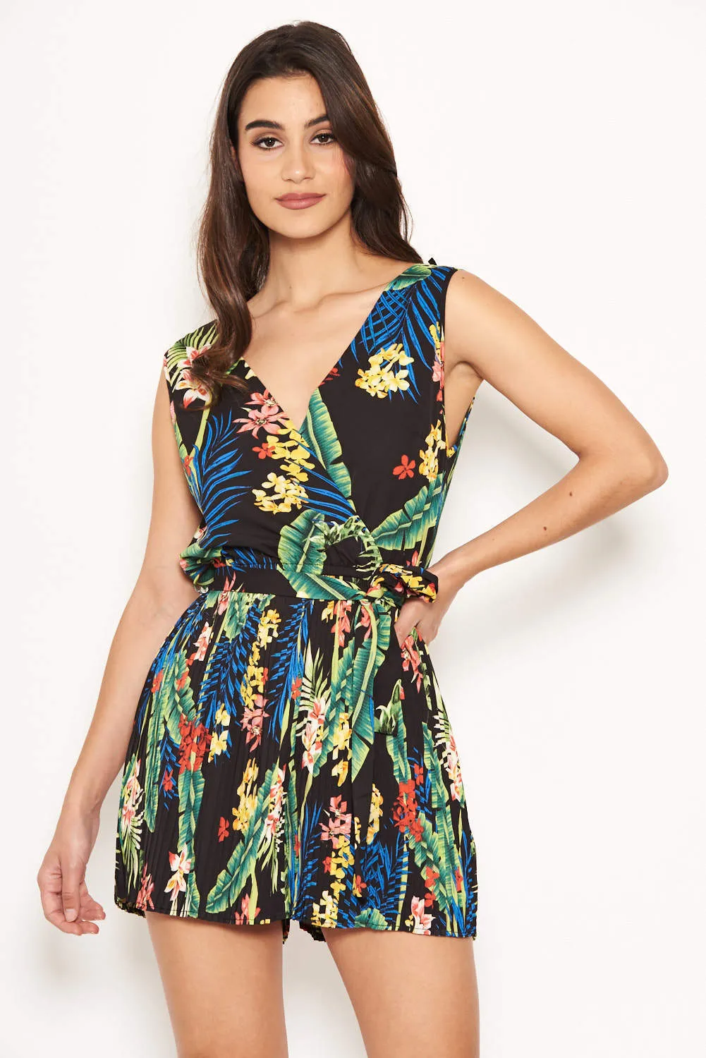 Black Tropical Print Pleated Playsuit sold by AX Paris product image thumbnail 5