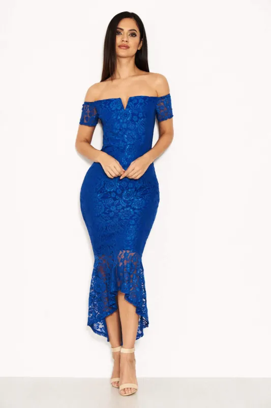 Blue Lace Bardot Fishtail Dress sold by AX Paris