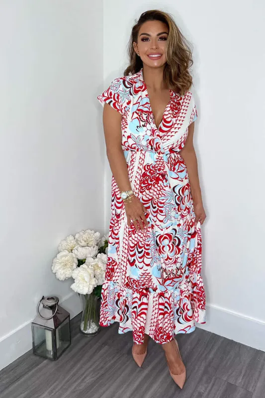 Red Cream And Blue Printed Maxi Smock Dress sold by AX Paris