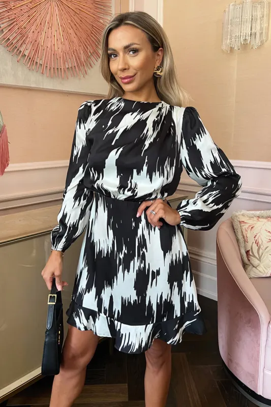 Black And White Printed Long Sleeve Pleated Shoulder Mini Dress sold by AX Paris