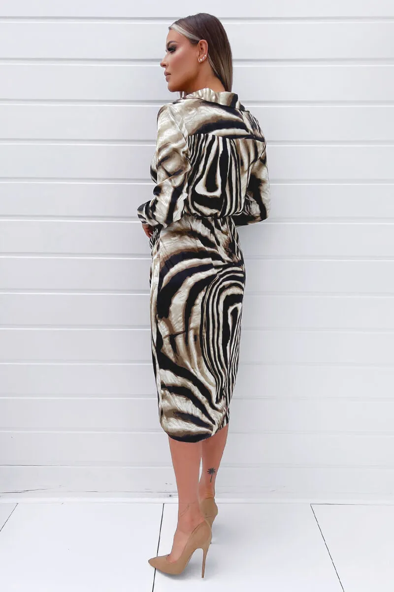 Brown Printed Long Sleeve Wrap Dress With Shoulder Pads sold by AX Paris product image thumbnail 4
