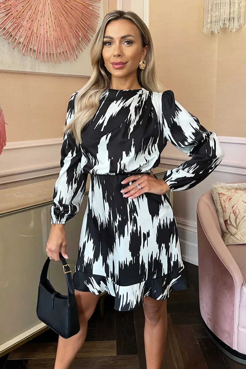 Black And White Printed Long Sleeve Pleated Shoulder Mini Dress sold by AX Paris product image thumbnail 3