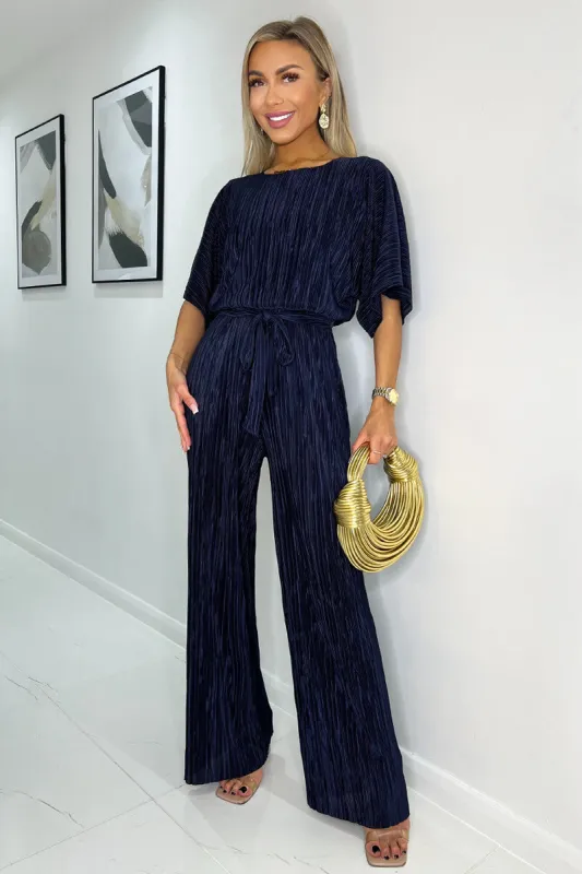 Navy Wide Sleeve Tie Waist Plisse Jumpsuit sold by AX Paris