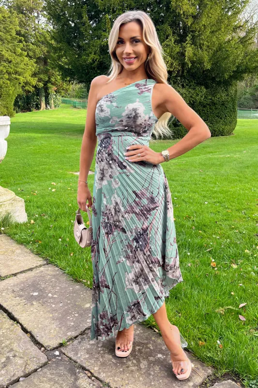 Cream and Pink Floral Print One Shoulder Pleated Satin Midi