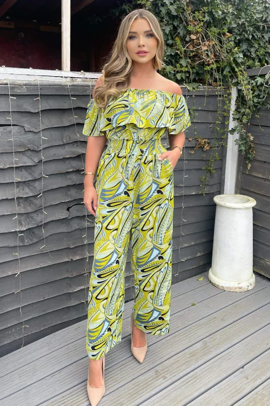 Lime Printed Bardot Culotte Jumpsuit sold by AX Paris