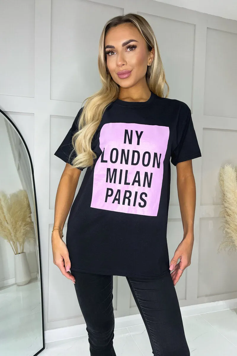 Black NY London Milan Paris Slogan T-Shirt sold by AX Paris