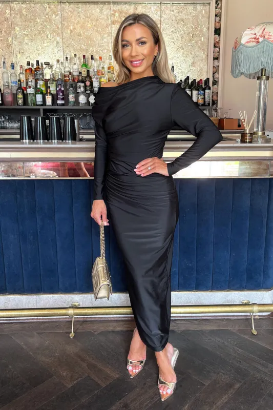 Black Off The Shoulder Long Sleeved Draped Midi Dress sold by AX Paris