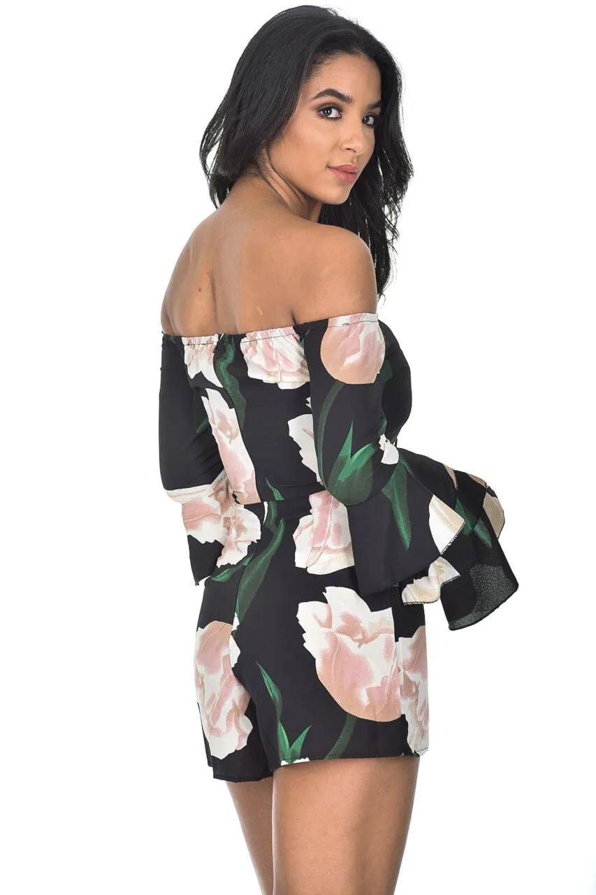 Black Floral Flared Sleeve Playsuit sold by AX Paris product image thumbnail 3