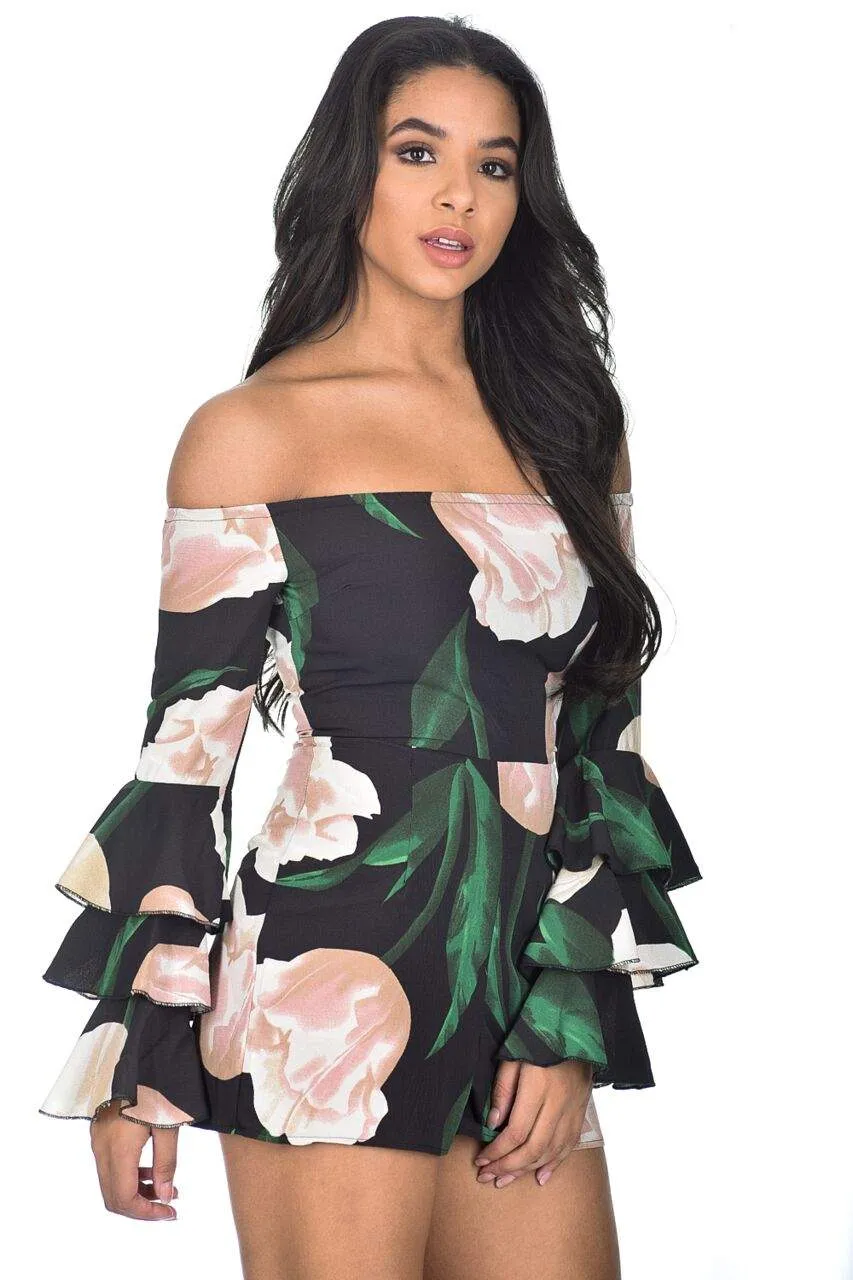 Black Floral Flared Sleeve Playsuit sold by AX Paris