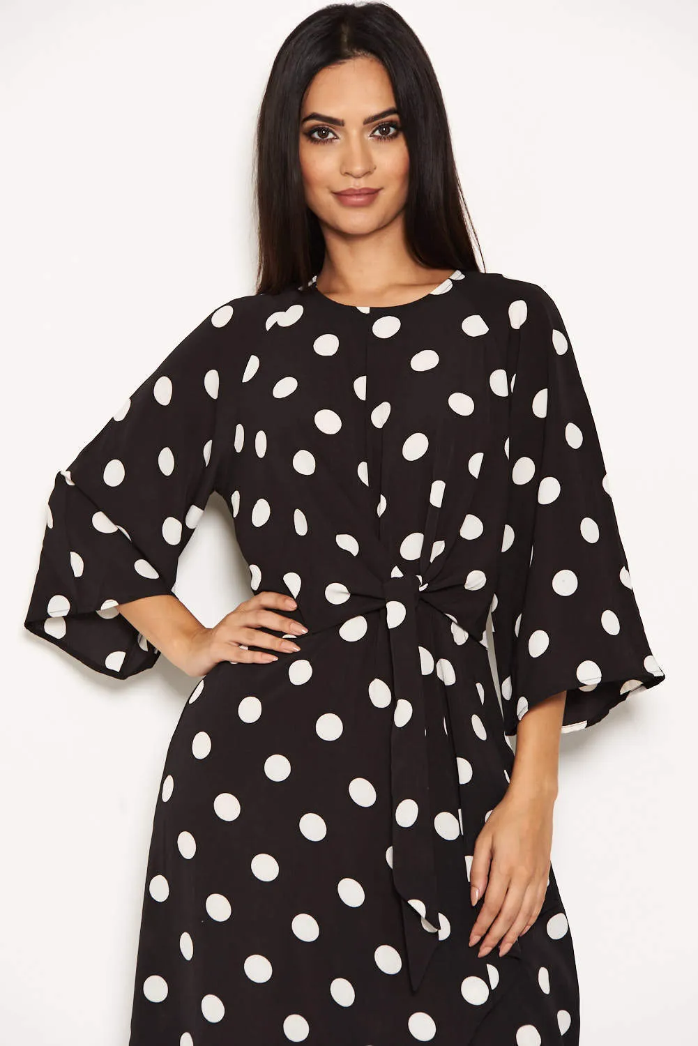 Black Polka Dot Wrap Dress With Tie Front sold by AX Paris product image thumbnail 4