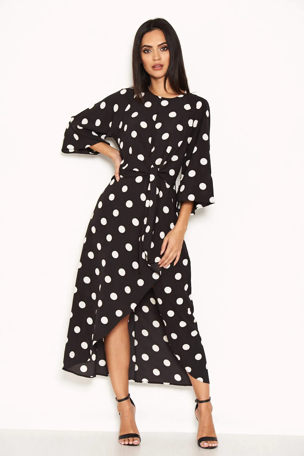 Black Polka Dot Wrap Dress With Tie Front sold by AX Paris