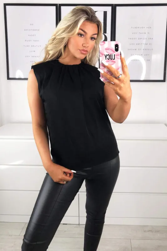 Black Padded Shoulder Sleeveless Blouse sold by AX Paris