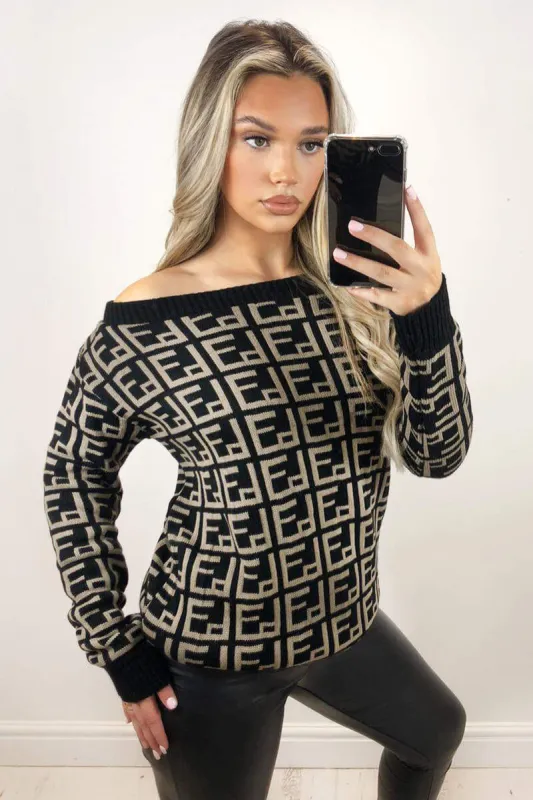 Black Printed Off The Shoulder Knit Jumper sold by AX Paris
