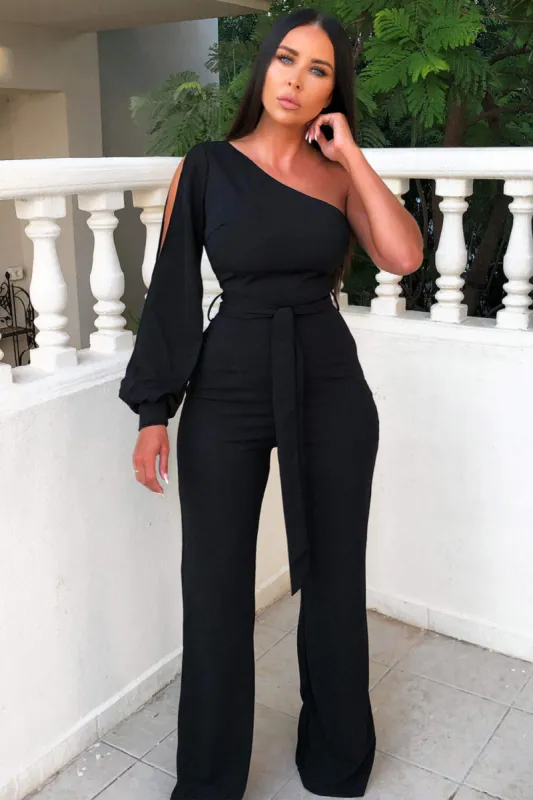 Black One Shoulder Split Sleeve Jumpsuit sold by AX Paris