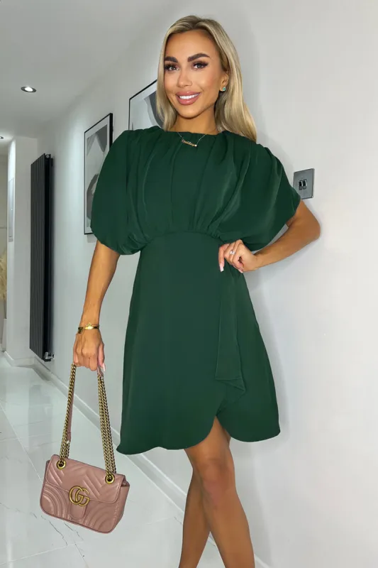 Teal Batwing Gathered Top Mini Dress sold by AX Paris