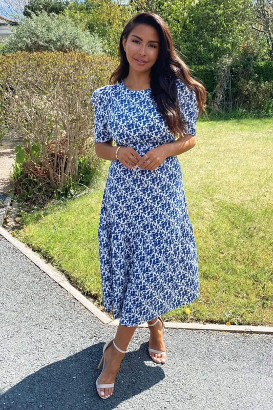 Blue Floral Frill Sleeve Midi Dress sold by AX Paris