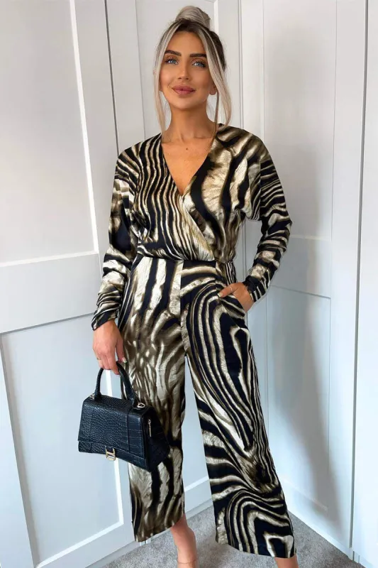 Brown Printed Bat Wing Wrap Top Jumpsuit sold by AX Paris