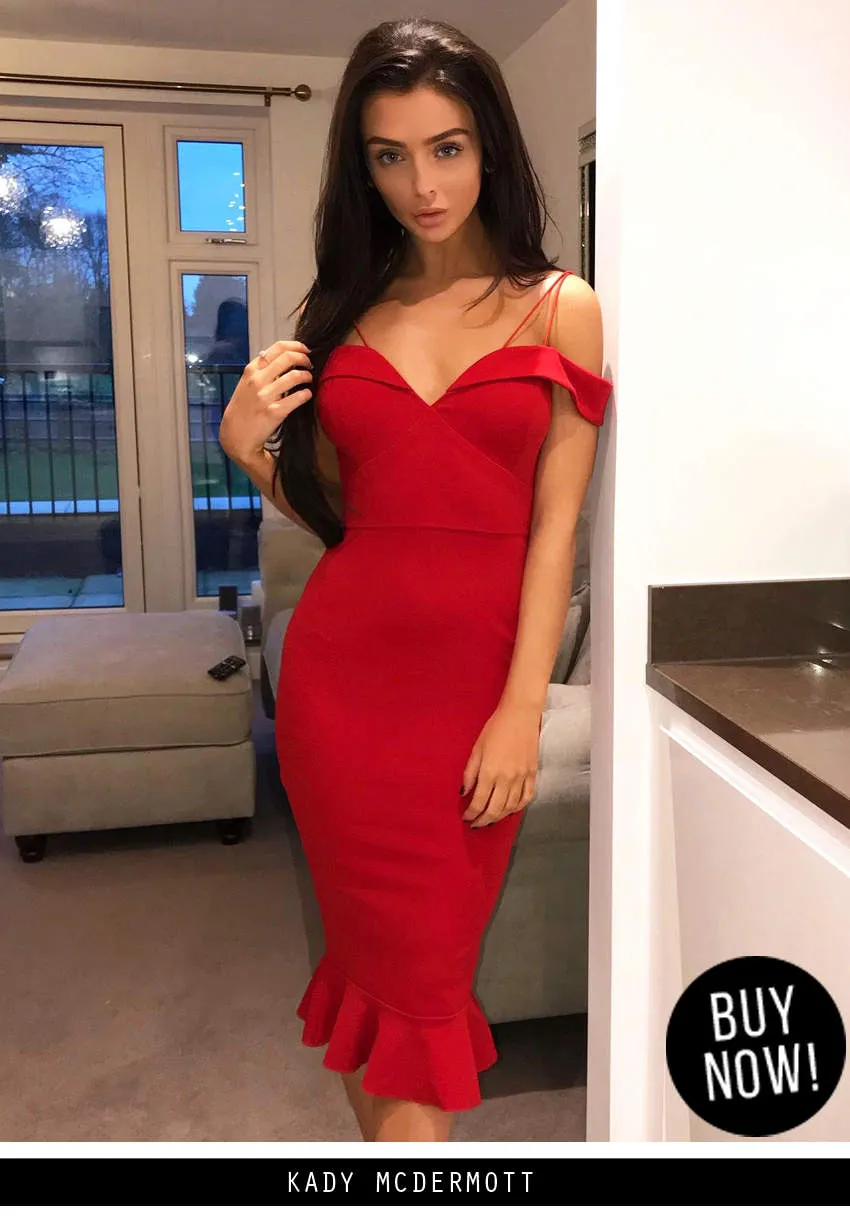 Red Off The Shoulder Fishtail Dress sold by AX Paris