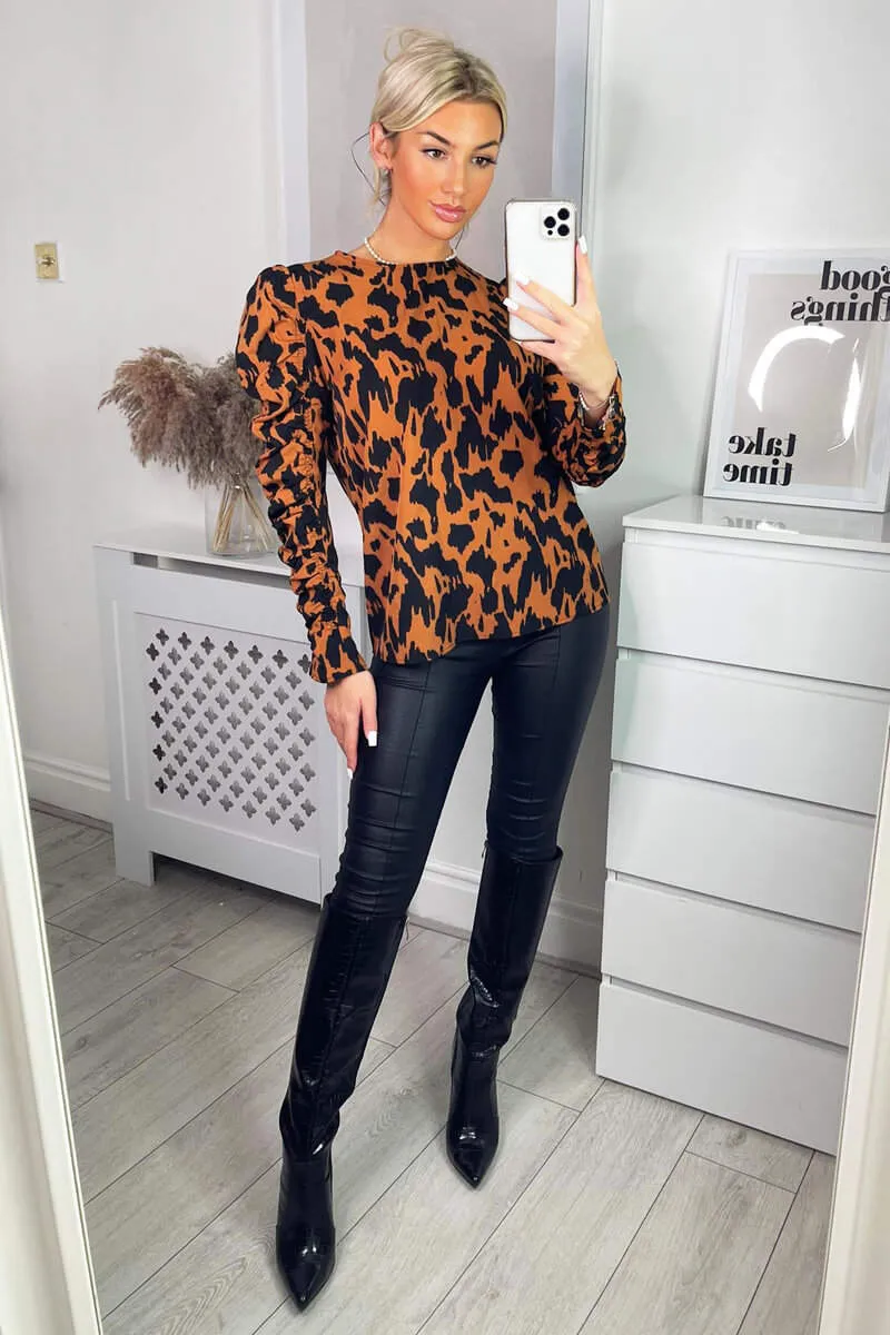 Camel Animal Print Long Gathered Sleeve Top sold by AX Paris product image thumbnail 4
