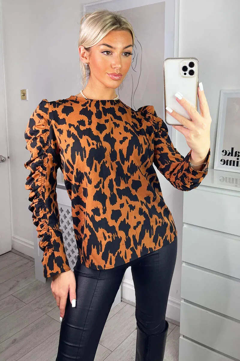Camel Animal Print Long Gathered Sleeve Top sold by AX Paris product image thumbnail 2