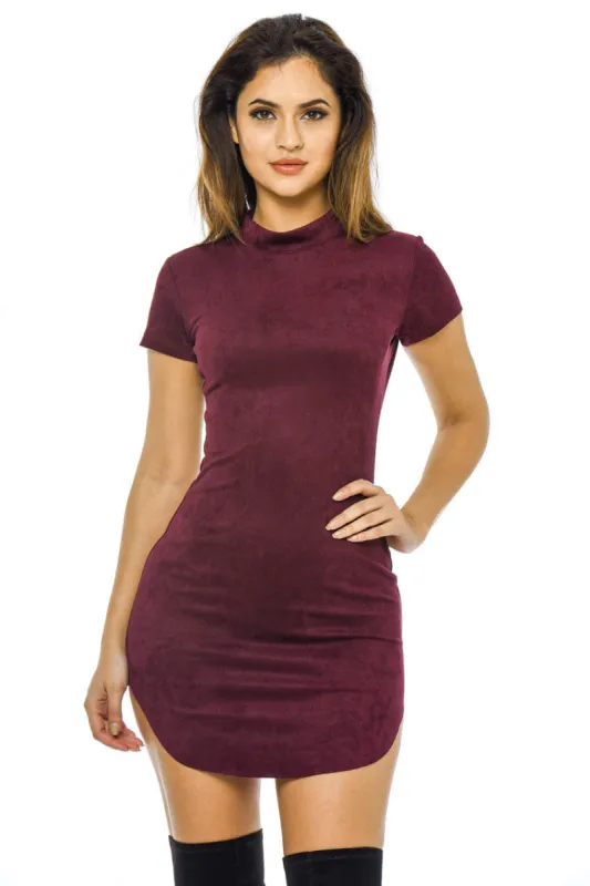 Plum Faux  Suede  Mini Dress with  High Neck sold by AX Paris