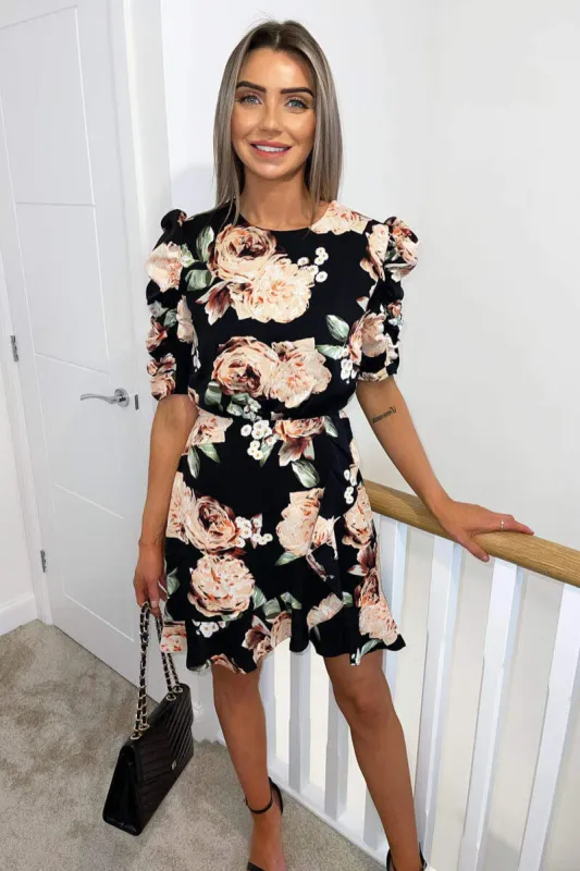 Black Rose Print Ruched Sleeve Wrap Dress sold by AX Paris