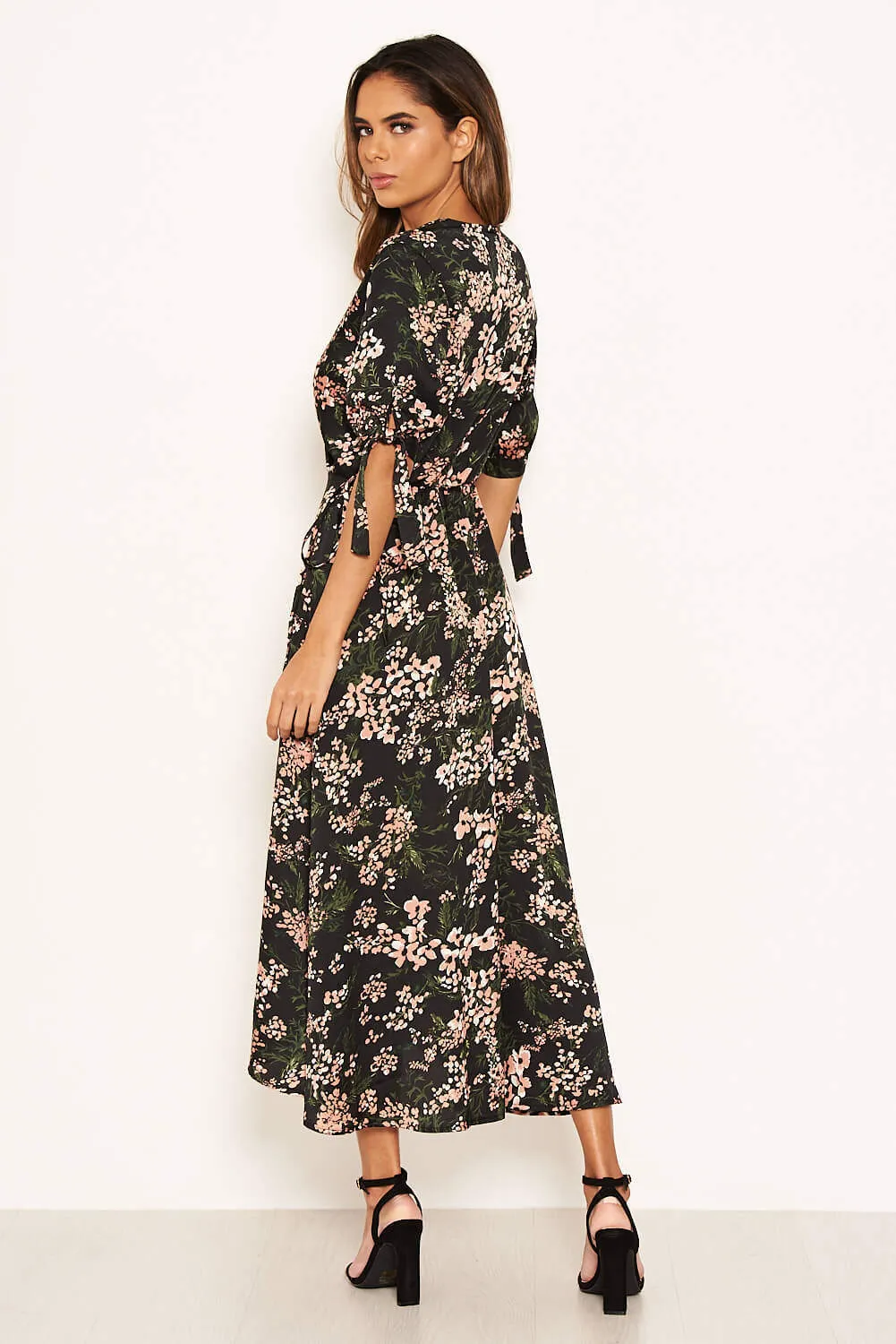 Black Floral Wrap Dress With Ties sold by AX Paris product image thumbnail 4