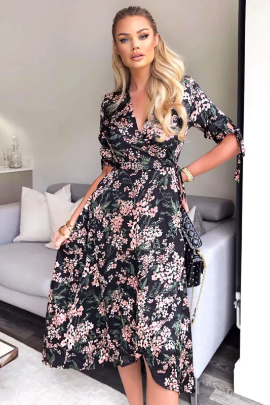 Black Floral Wrap Dress With Ties sold by AX Paris