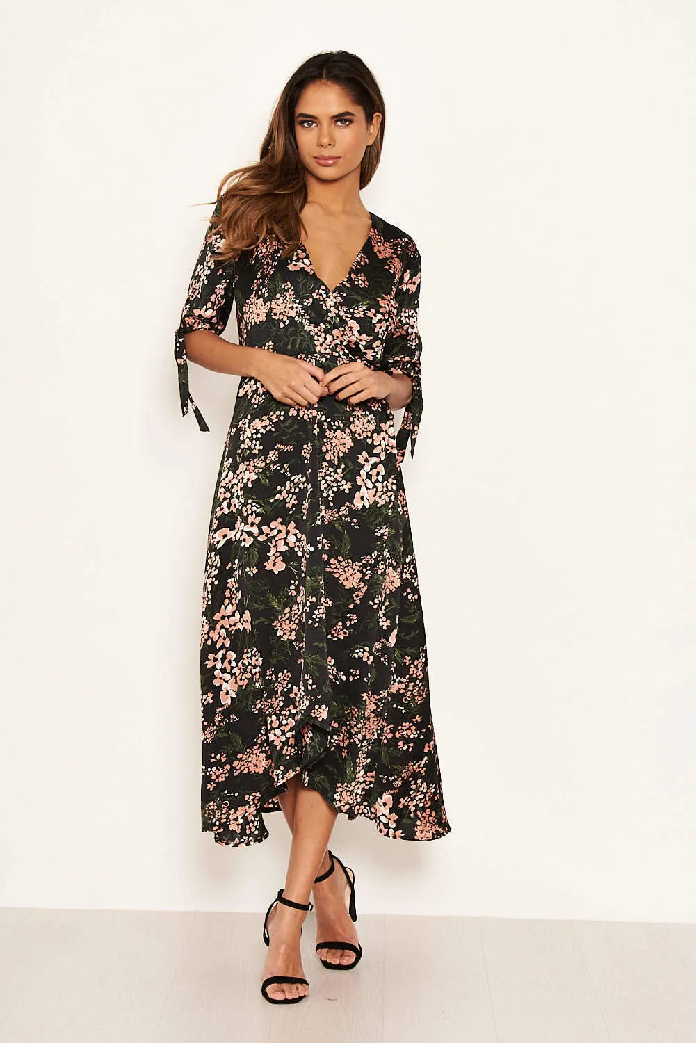 Black Floral Wrap Dress With Ties sold by AX Paris product image thumbnail 2