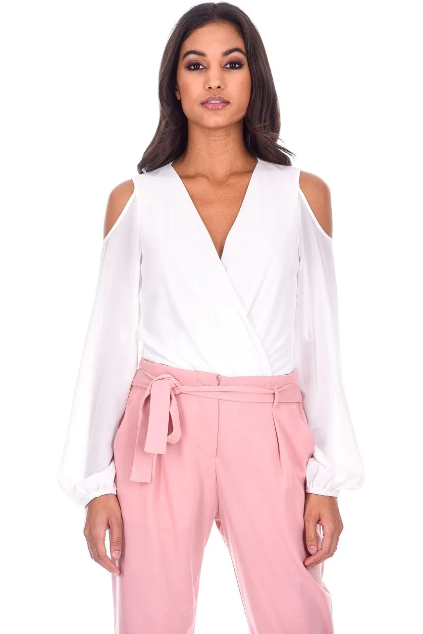 Cream Sleeved Plunge Bodysuit sold by AX Paris