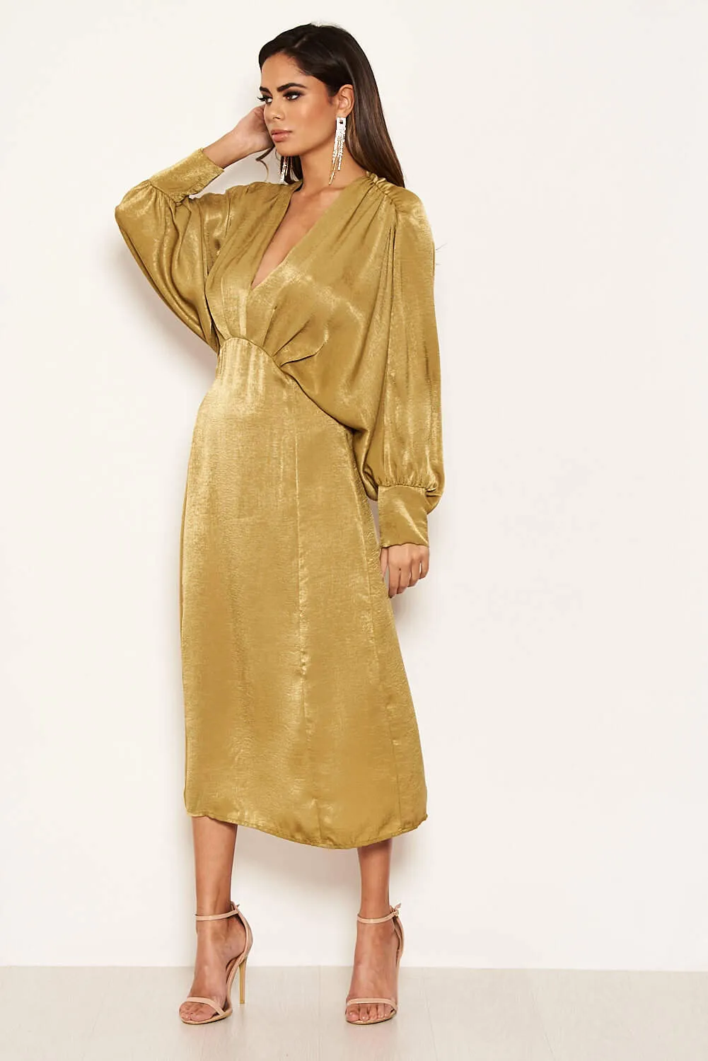 Olive Bat Wing V Neck Midi Dress sold by AX Paris product image thumbnail 4