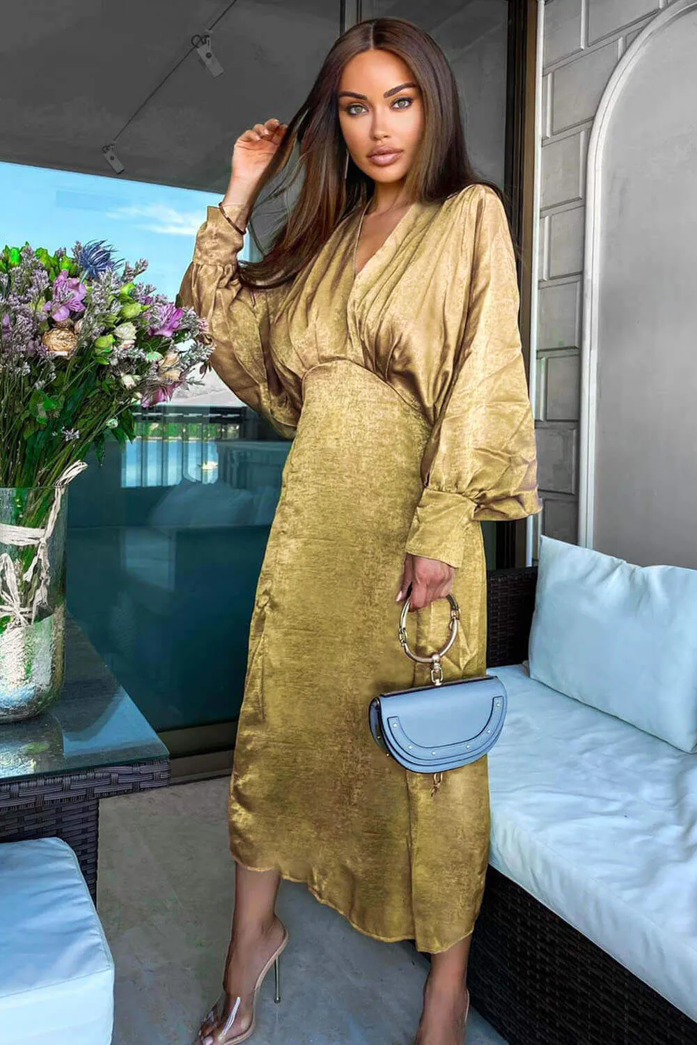 Olive Bat Wing V Neck Midi Dress sold by AX Paris