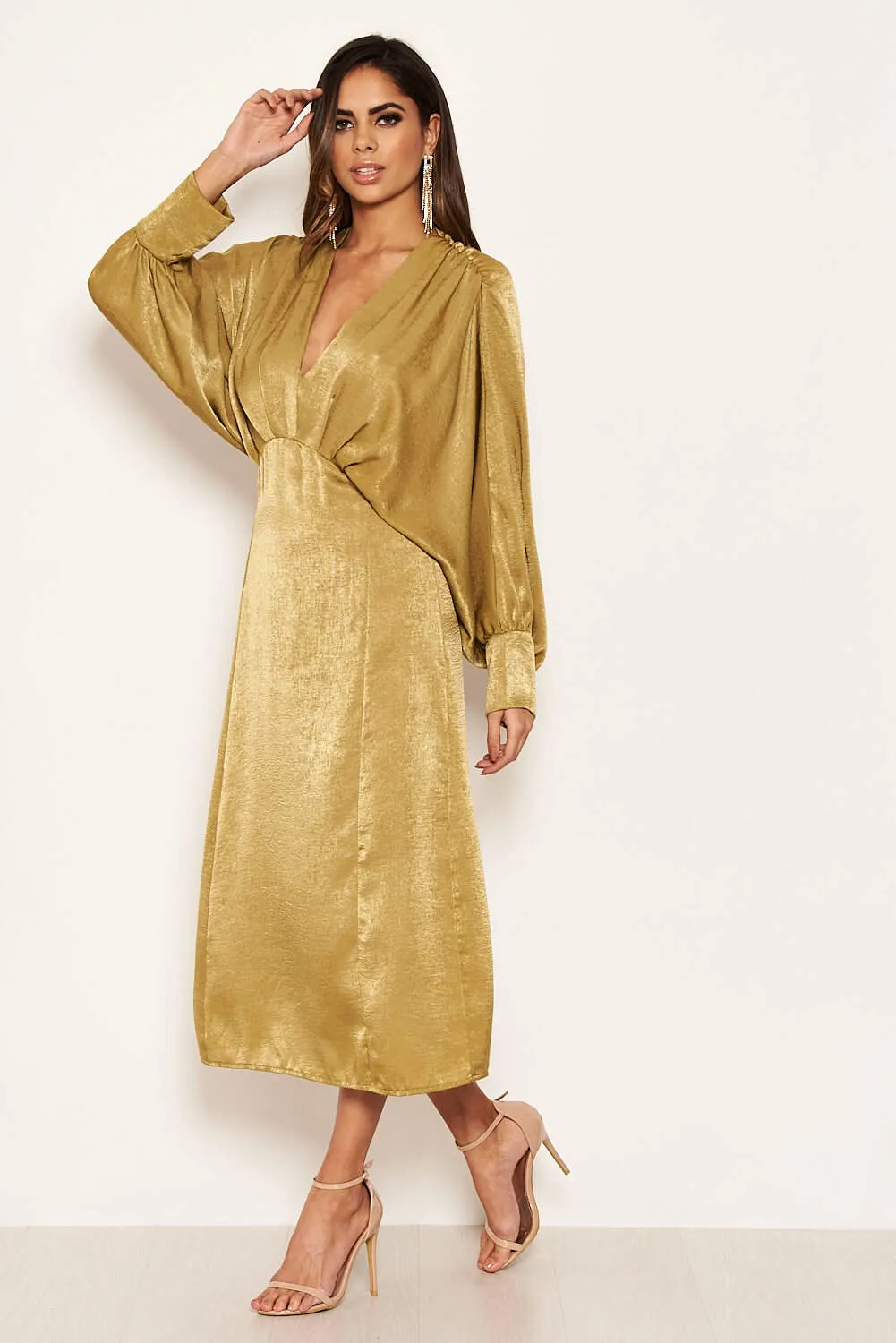 Olive Bat Wing V Neck Midi Dress sold by AX Paris product image thumbnail 2