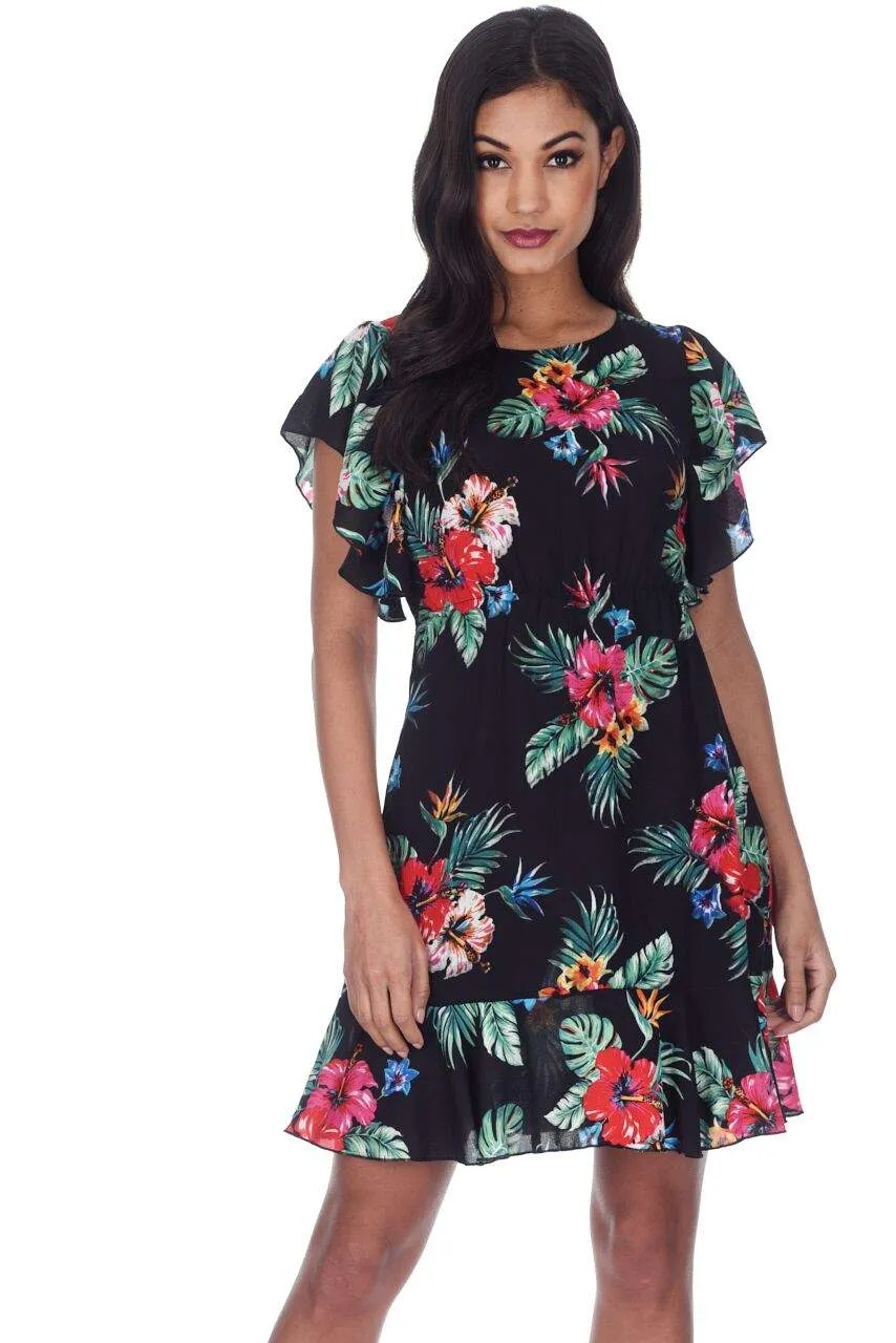 Black Floral Frill Detail Mini Dress sold by AX Paris