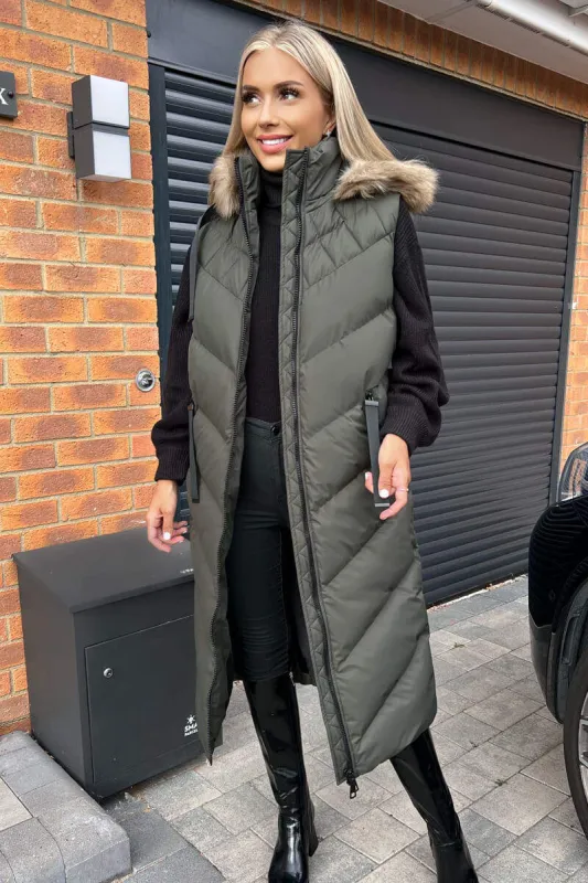 Khaki Longline Faux Fur Hooded Gilet sold by AX Paris