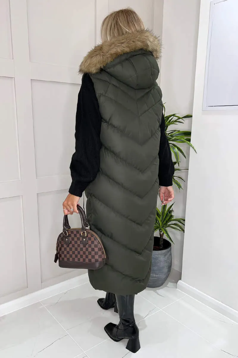 Khaki Longline Faux Fur Hooded Gilet sold by AX Paris product image thumbnail 2