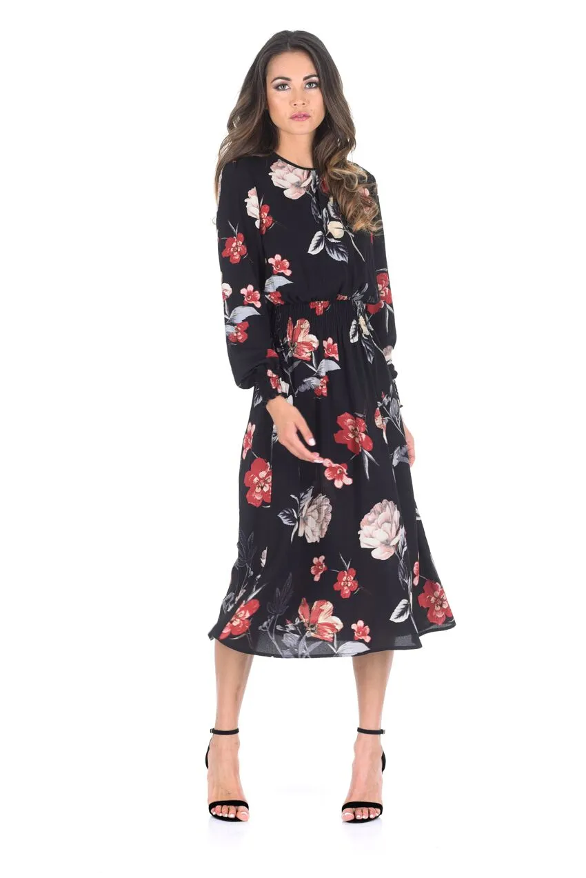 Black Floral Long Sleeve Elastic Waist Midi Dress sold by AX Paris product image thumbnail 2