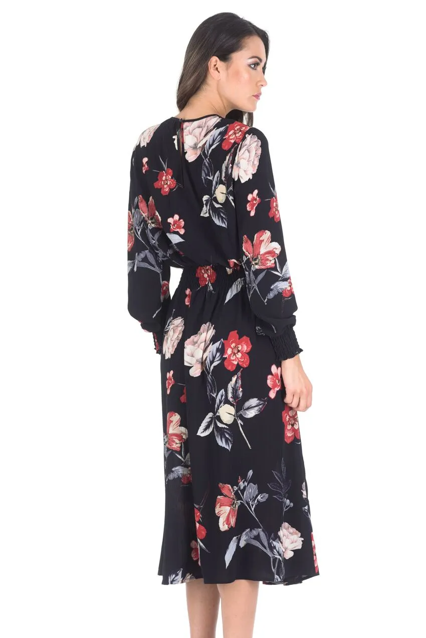Black Floral Long Sleeve Elastic Waist Midi Dress sold by AX Paris product image thumbnail 3